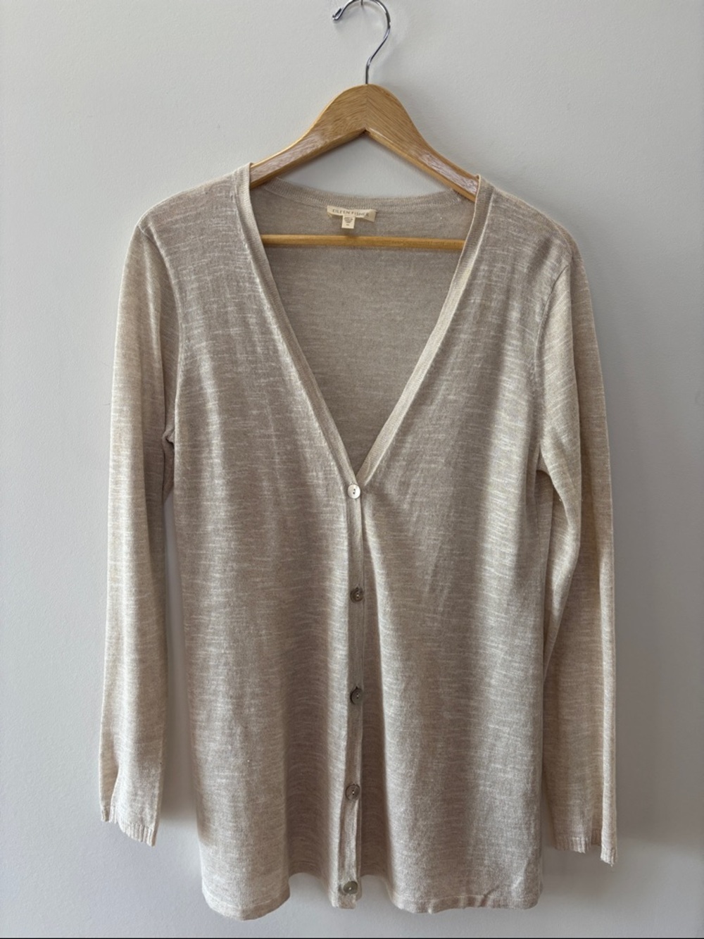Eileen Fisher Light Beige V-Neck Button-Front Cardigan